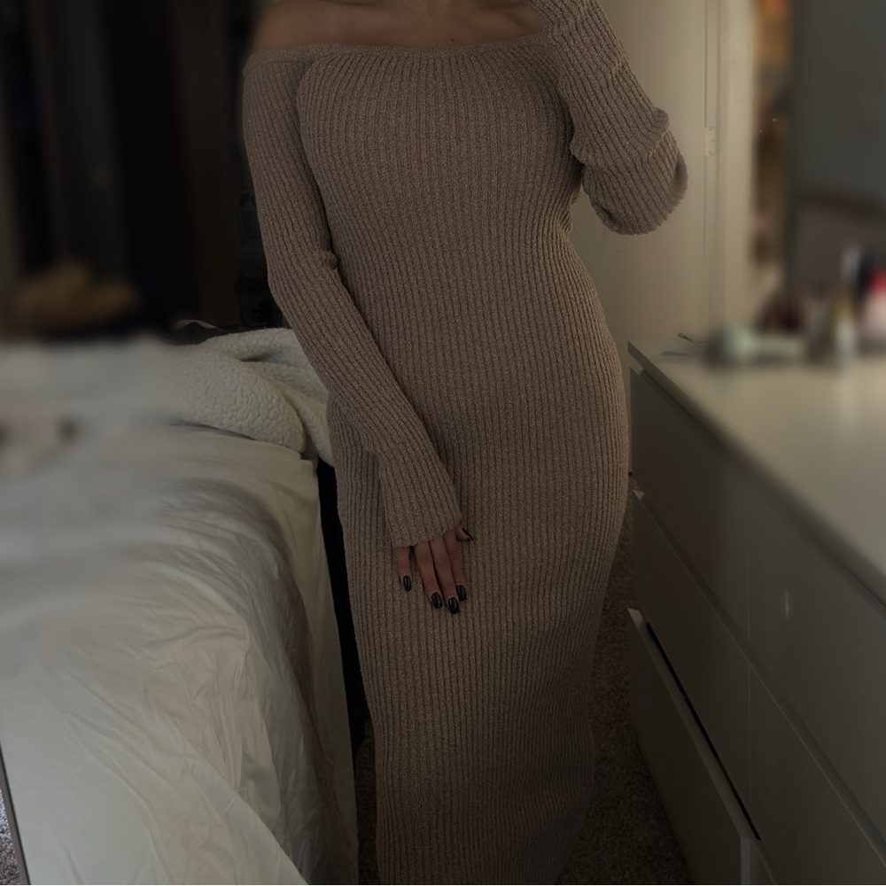 Shop Luna B Tan Off-Shoulder Knit Dress